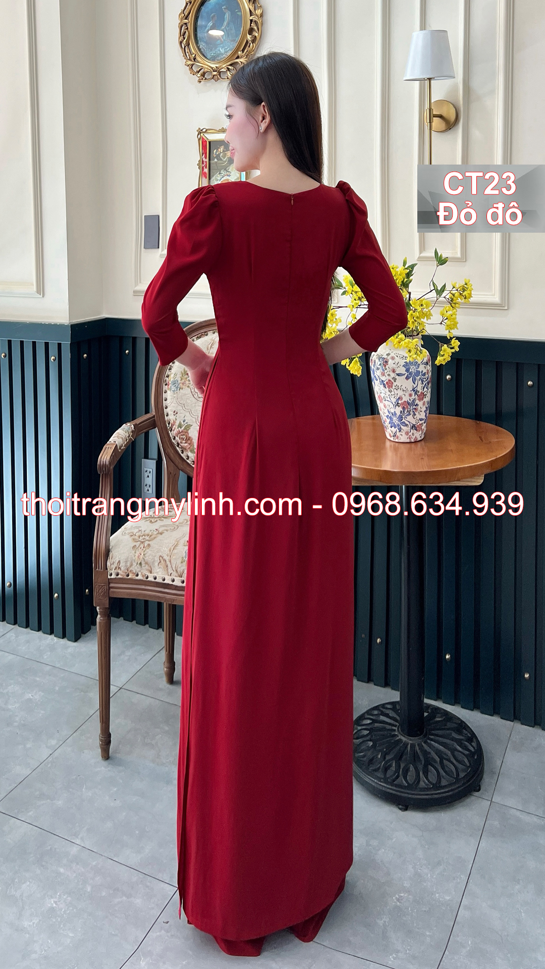 Bộ áo dài cổ tròn xếp li màu đỏ đô	
